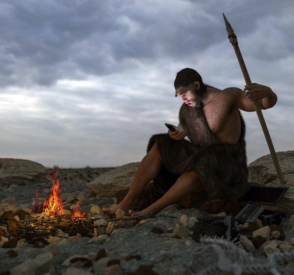 Caveman next to fire holding mobile phone looking confused, stress is a natural reaction, 7 ways to master stress, e-Surgery