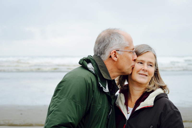 An elderly couple by the beach. The man is kissing his wife on the cheek | The (almost) A-Z of Contraception | e-Surgery 