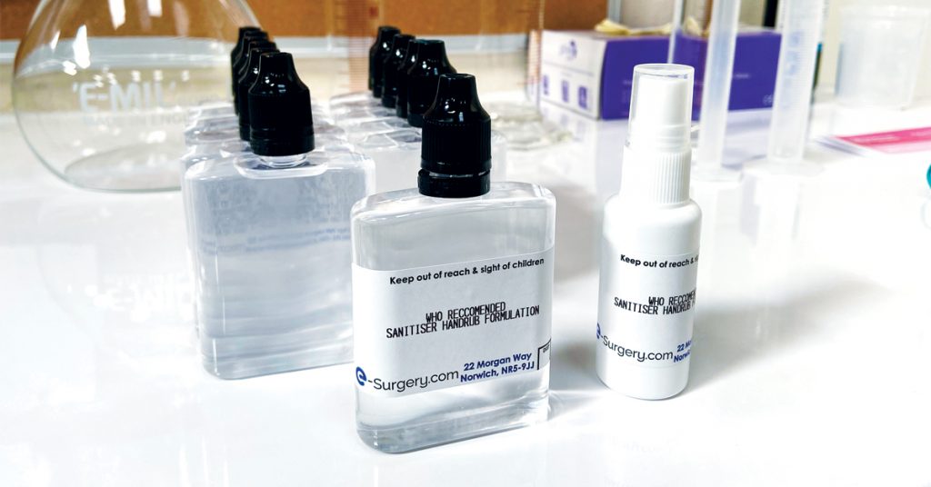 e-Surgery hand sanitiser bottles, WHO regulated hand rub hand sanitiser