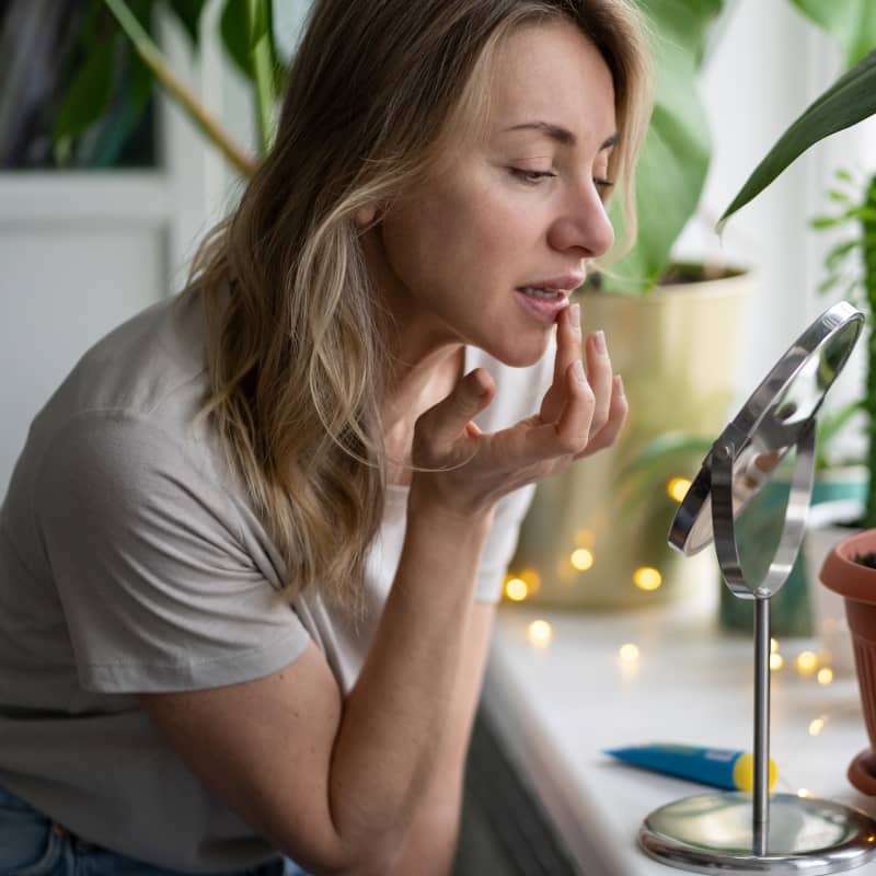 Lady looking in mirror thinking how to avoid cold sores in winter