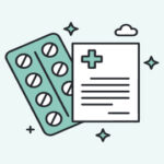 Pills and prescription icons in green background