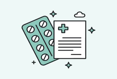 Pills and prescription icons in green background