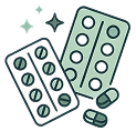 Icon showing 2 packets of medication and 2 pills with sparkles